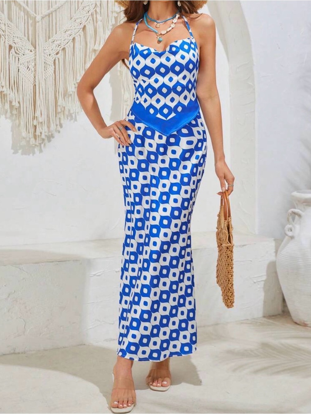 Blue Geometric Halter Maxi Dress